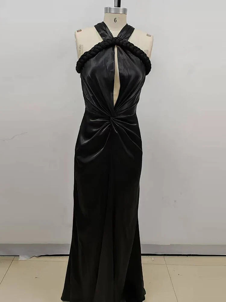 Braided Strap Satin Twisted Maxi Dress