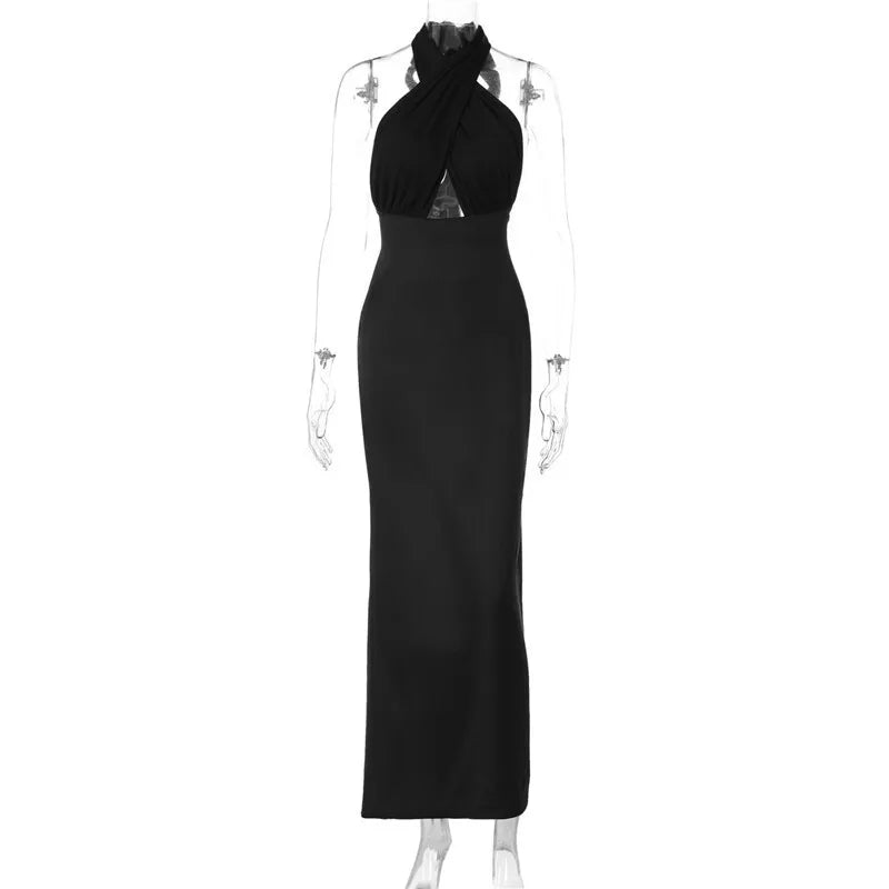 Halter Criss Cross Tie Up Black Satin Maxi Dress