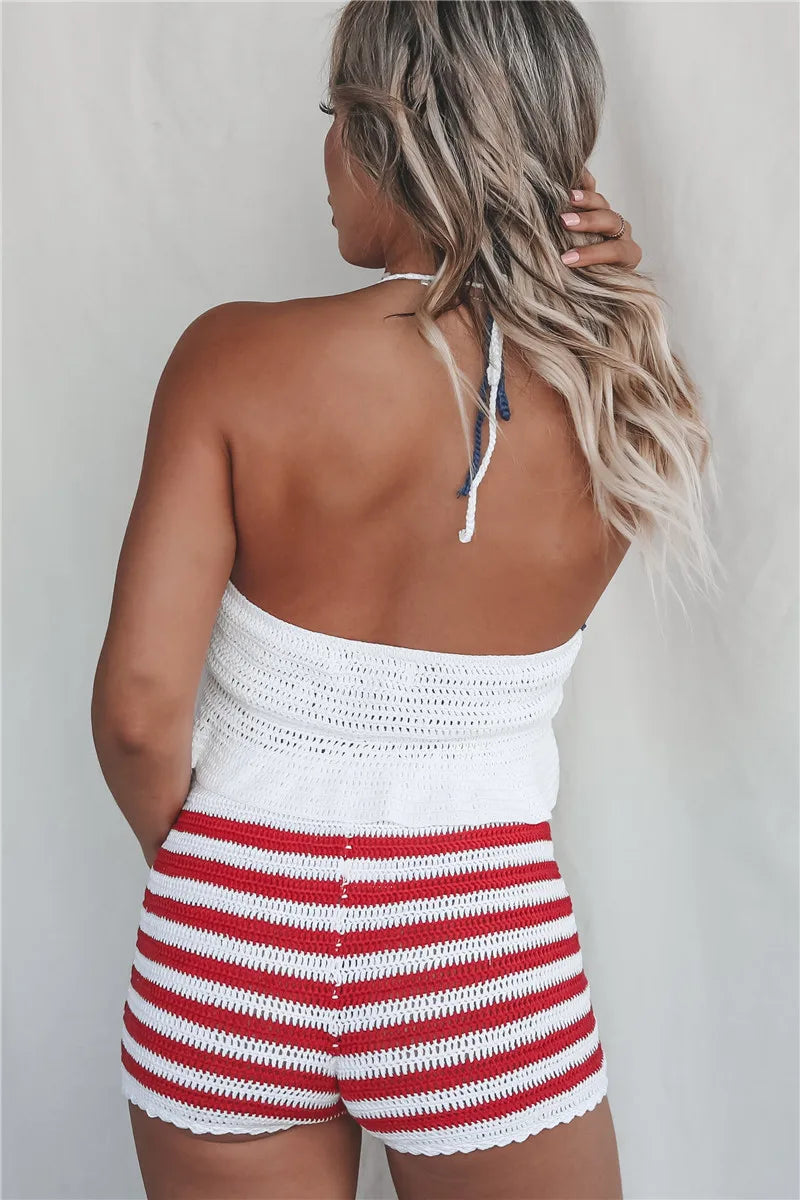 American Flag Knit Halter Crop Top And Shorts Set