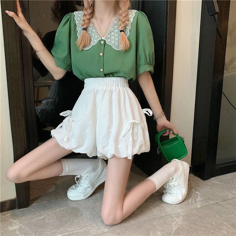 Bow Elastic Loose Bloomer Shorts
