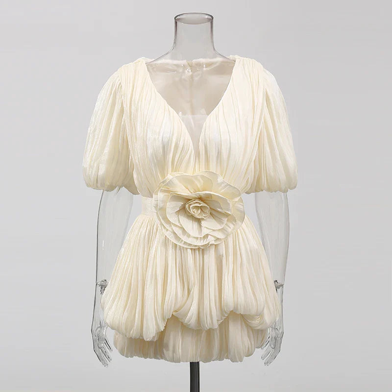 White Solid Spliced Appliqués Puff Mini Dress