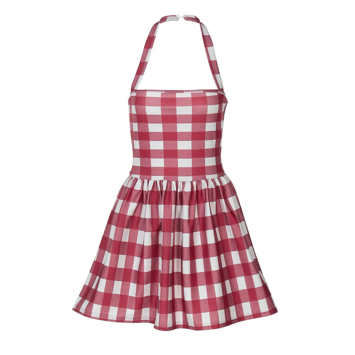 Red Halter Plaid Print Mini Dress