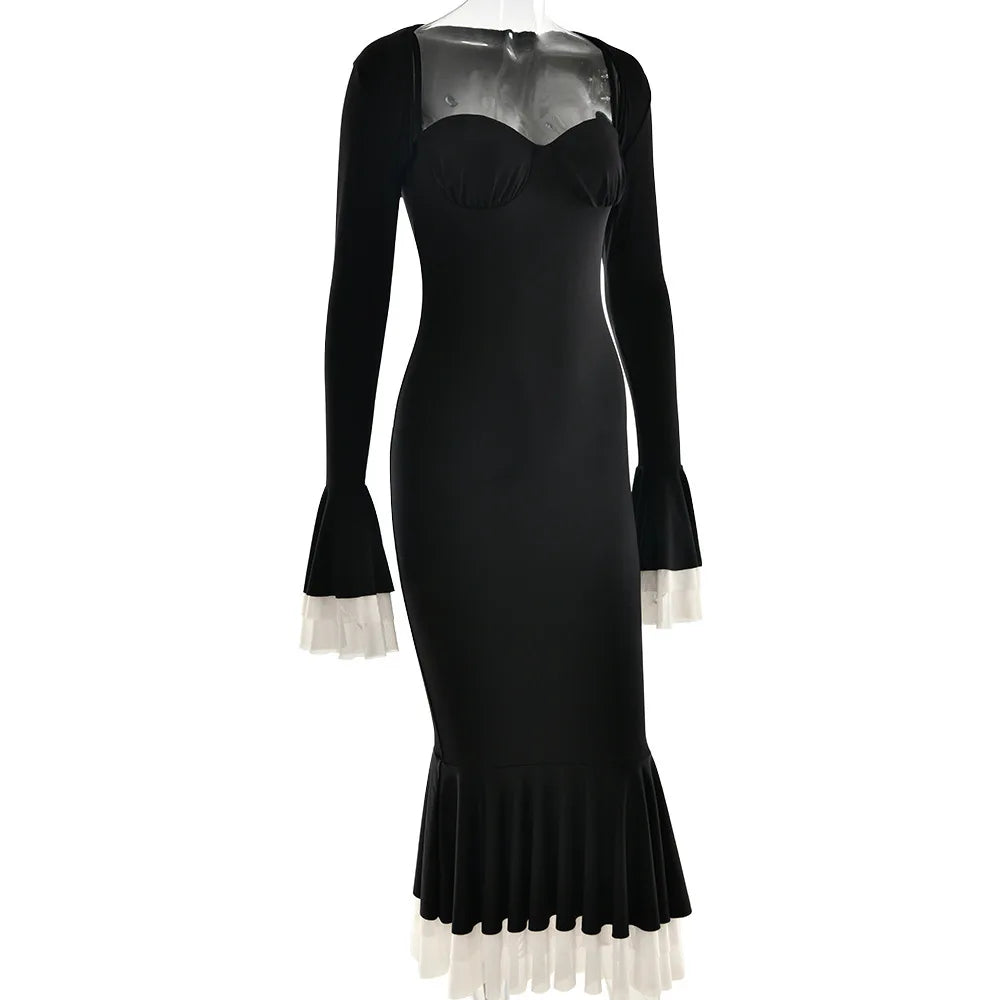 Solid Long Flared Two-piece Crop Sleeve Midi Dress