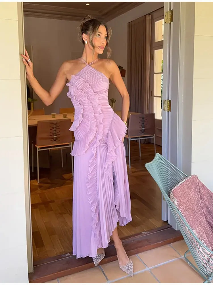 Ruffles Tiered Halter Strap Midi Dress - Casual Slim Fit