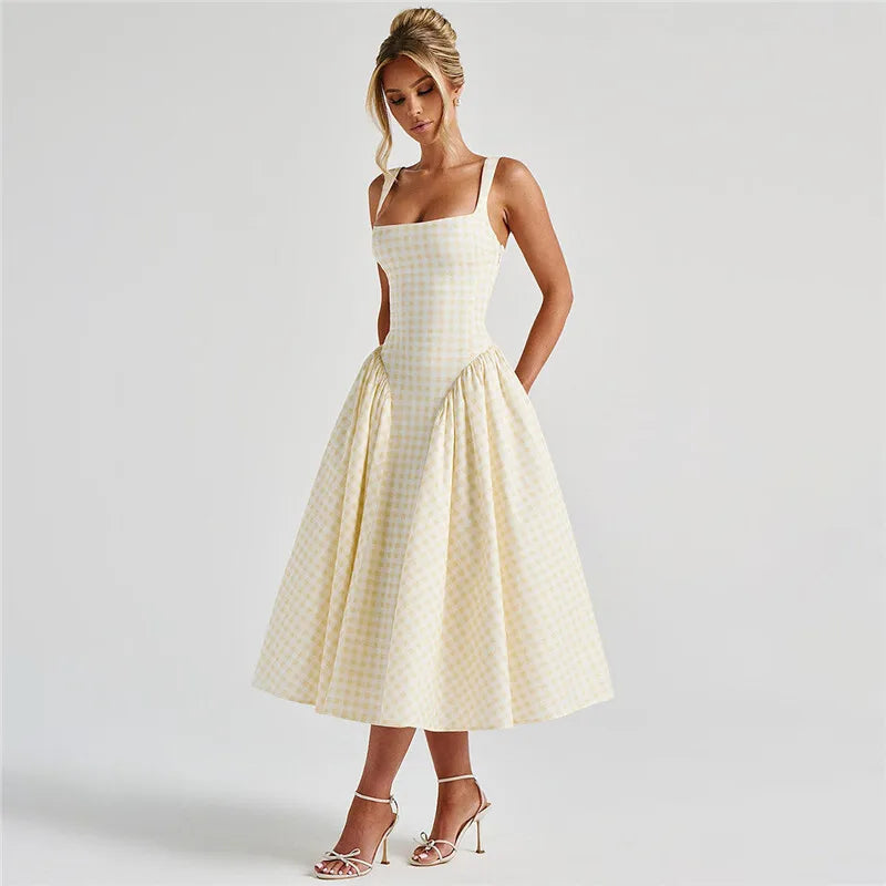 Plaid Printed Corset A-line Maxi Dress