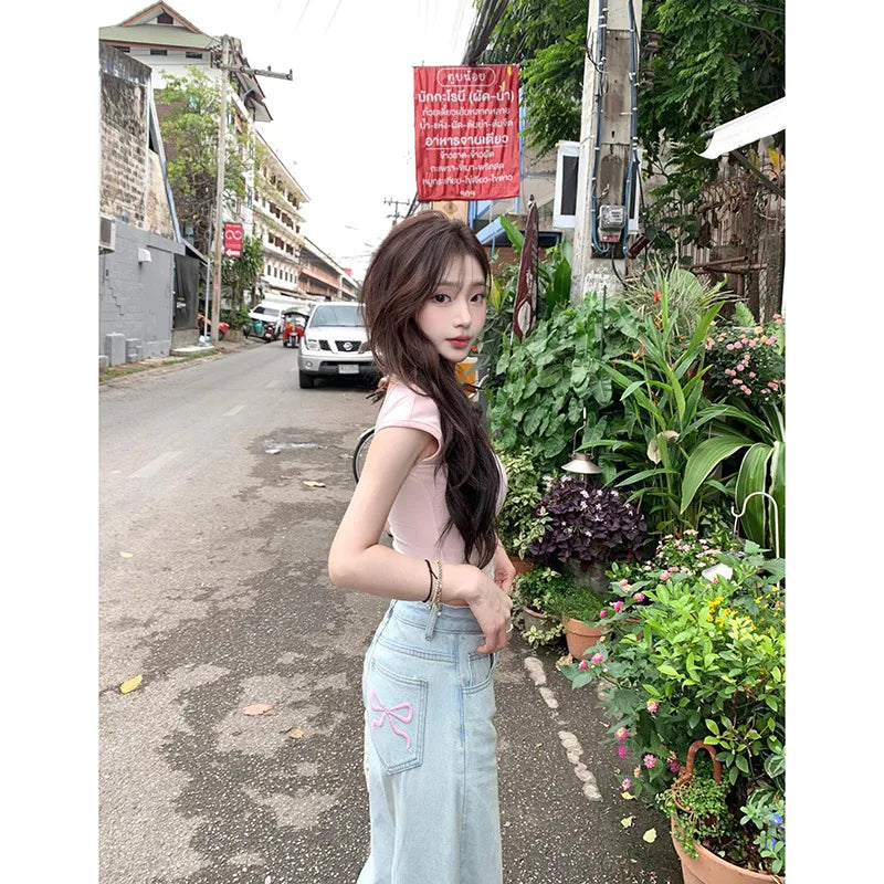 Denim Pink Pocket Bow Embroidery Jeans