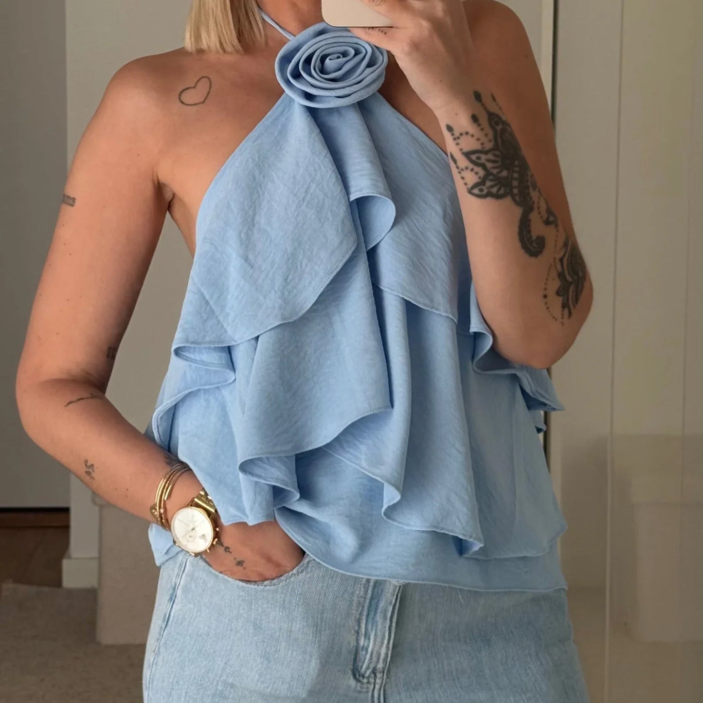 Halter 3D Flower Layered Ruffles Top