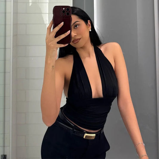 Deep Neck Halter Crop Top â€?Backless & Bold Fit