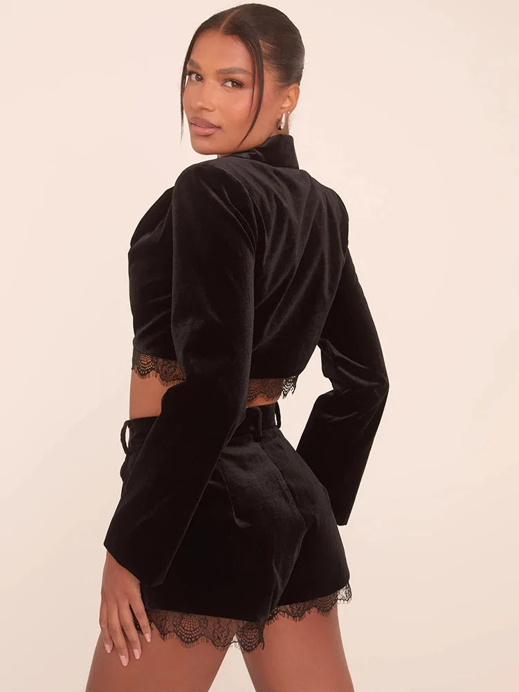 Black Velvet Lace Trim Crop Blazer And Shorts Set