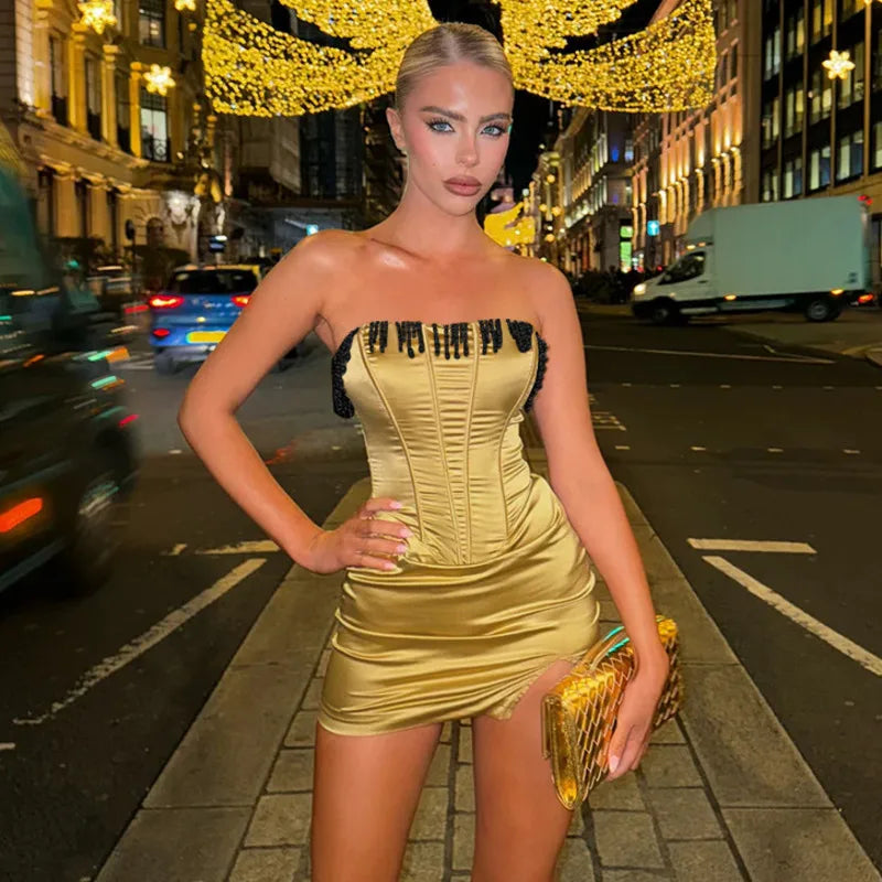 Satin Beading Tassel Corset Mini Dress