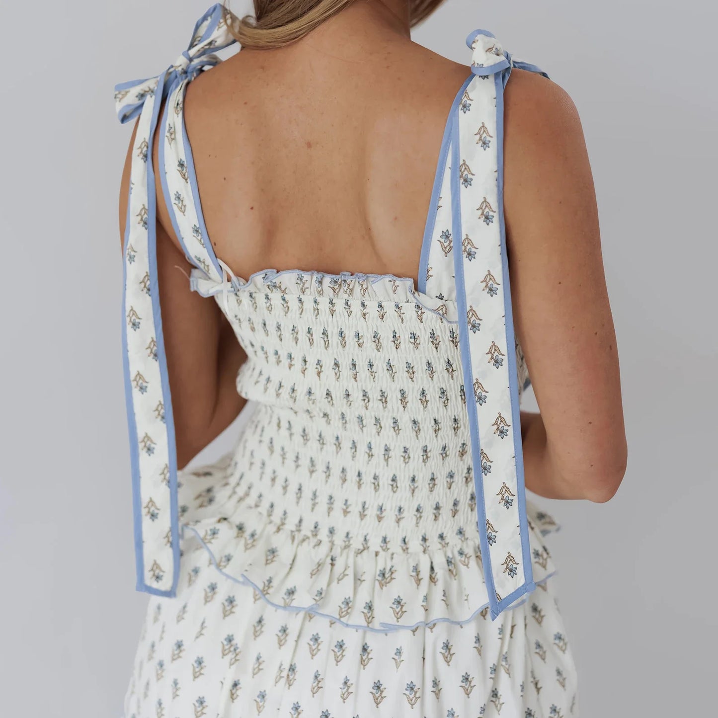 White Floral Print Tie-Up Smocked A-Line Long Dress - Square Neck