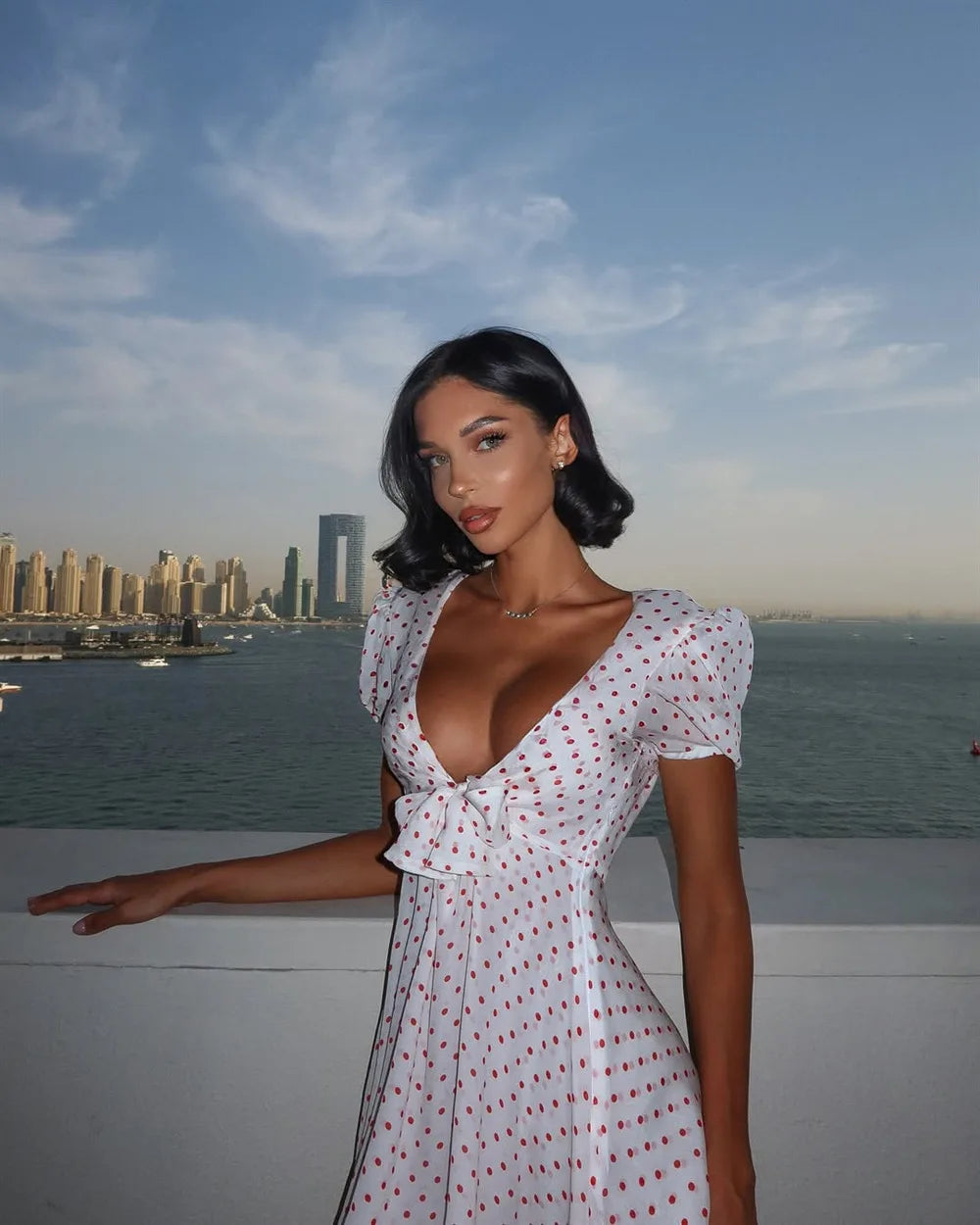 Short Sleeve Tie Up Polka Dot A-Line Mini Dress