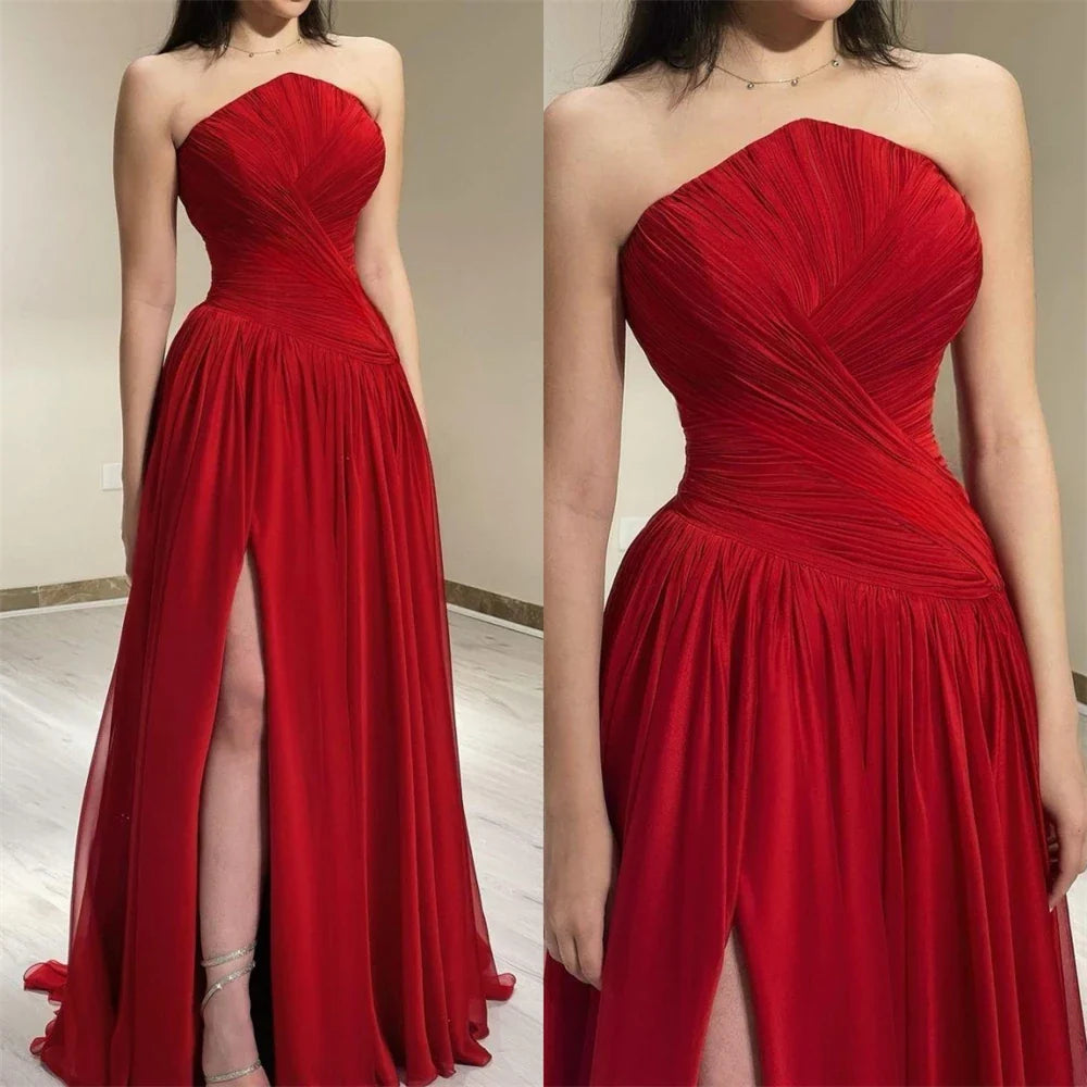 Red Pleated Strapless Slit Maxi Dress