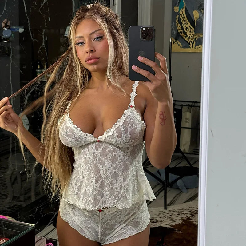 White Lace Crop Top & Shorts Set â€?Sheer Summer Style