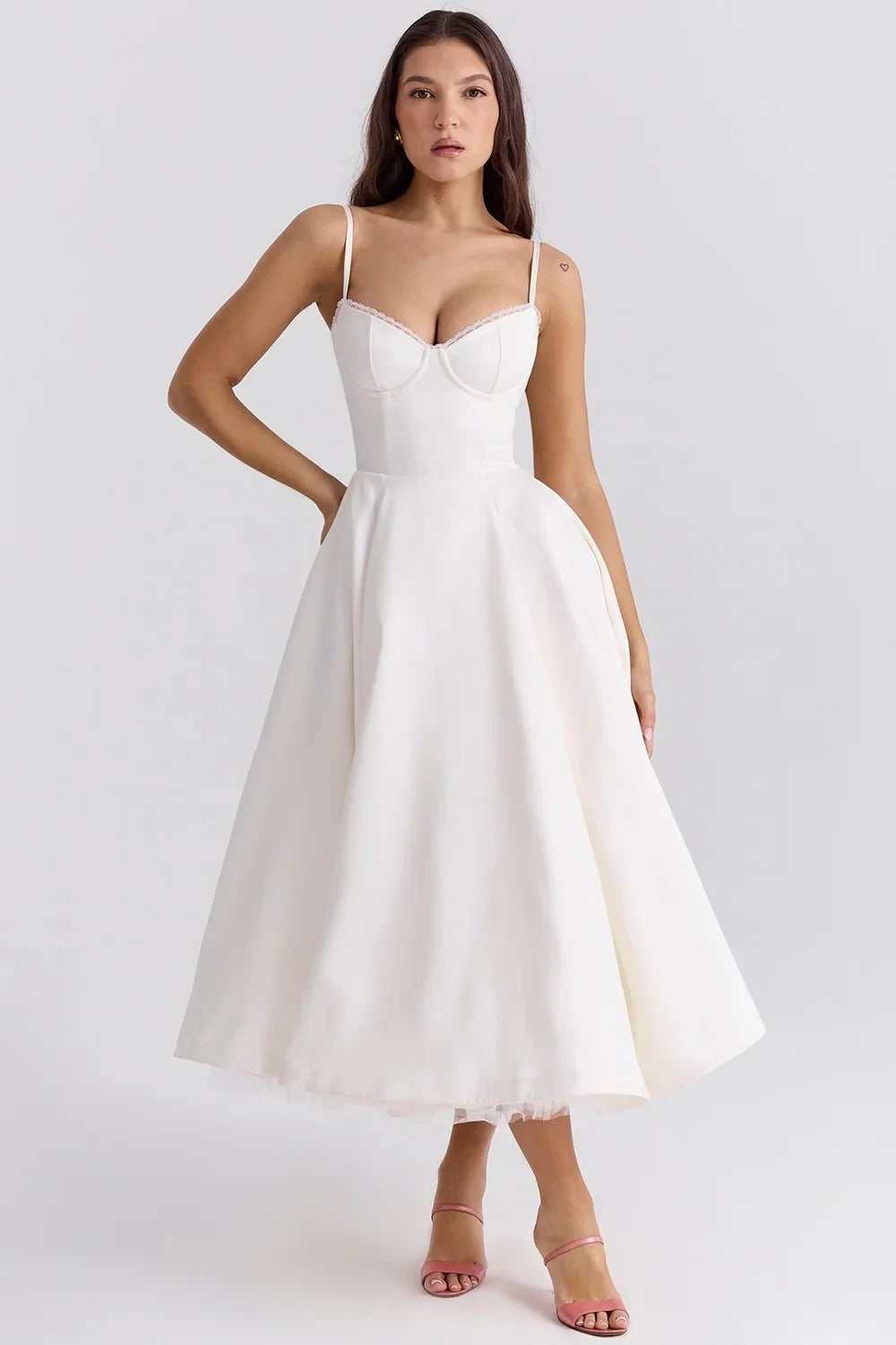 Satin Bustier Strap Tulle Midi Dress