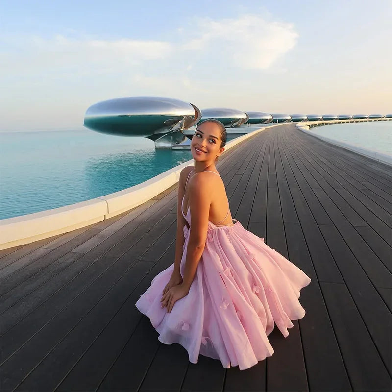 Pink Flare Cami Mini Dress - V-Neck Tie-Up