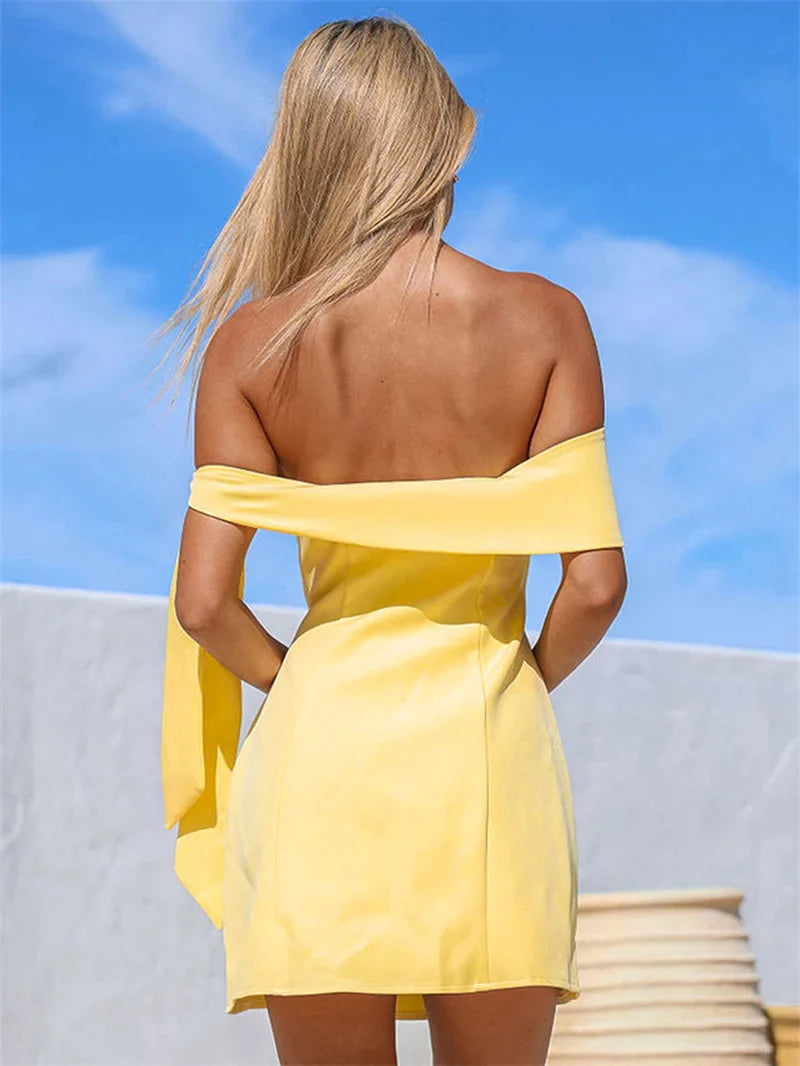 Off-shoulder Tie Up Solid Mini Dress
