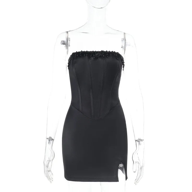 Satin Beading Tassel Corset Mini Dress