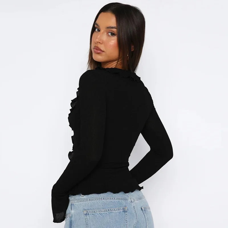 V-Neck Ruffled Long Sleeve Top