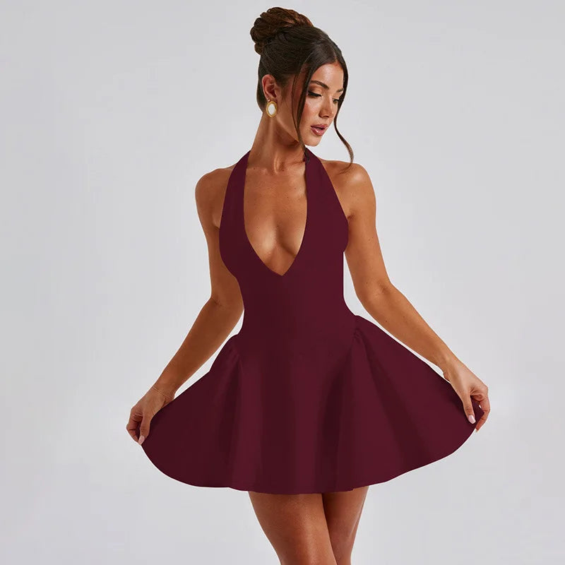 Deep V-Halter Backless A-line Mini Dress