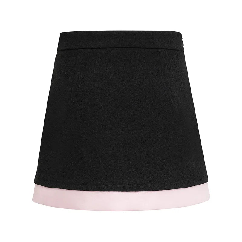Black Blazer With Pink Satin Satin Contrast And Mini Skirt Set