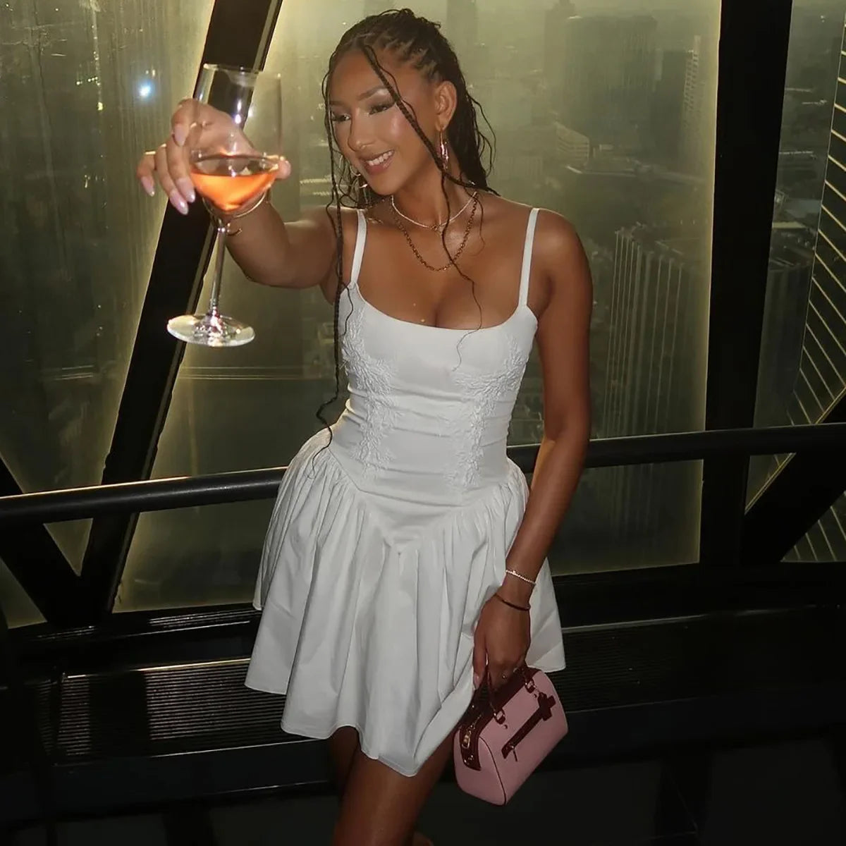 Embroidered Strap Pleated Mini Dress