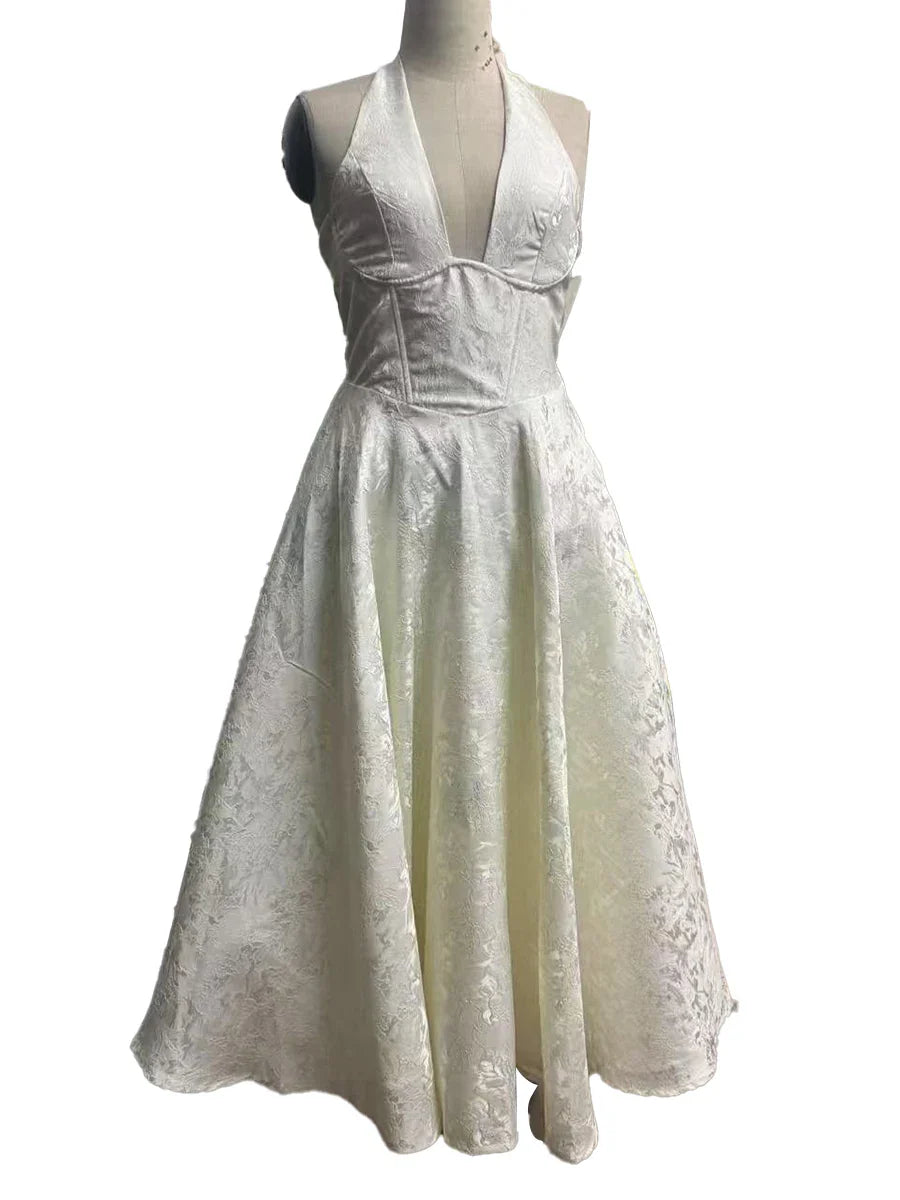 Satin Jacquard Deep Neck Print Flare Maxi Dress