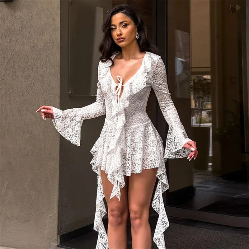 Lace Ruffled Long Sleeve Mini Dress