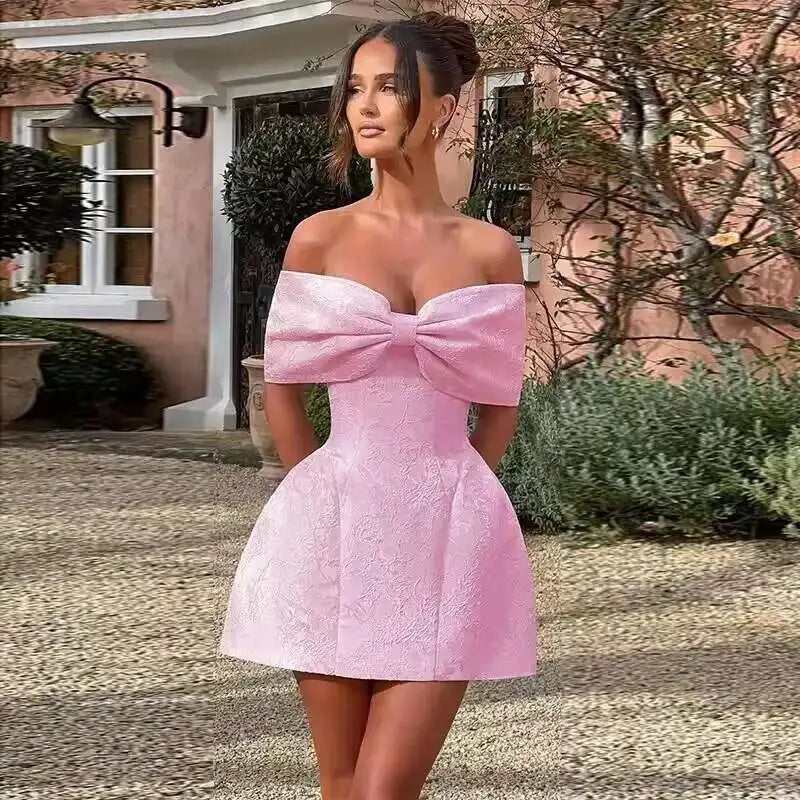 Large Bow Off Shoulder Jacquard Mini Dress