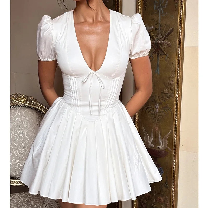 White V-neck Puff Sleeve Corset Mini Dress
