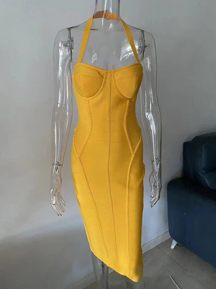 Orange Bandage Halter Midi Dress