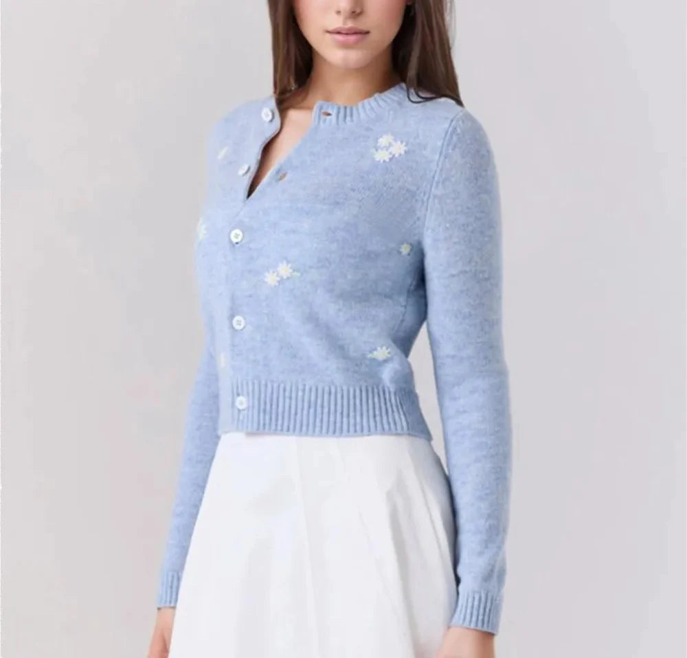 Blue Embroidery Flower Button Cardigan
