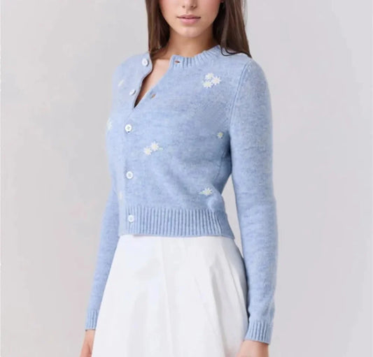 Blue Embroidery Flower Button Cardigan