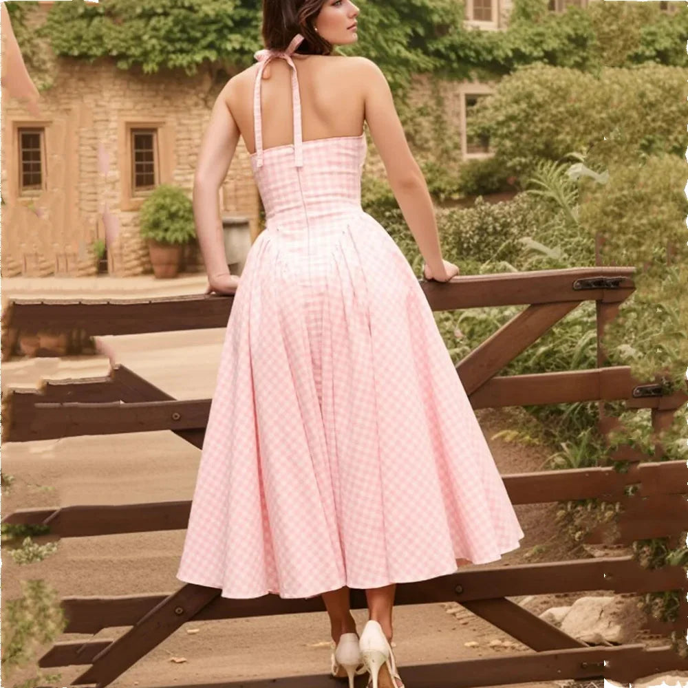 Pink Plaid Bow Halter Midi Dress
