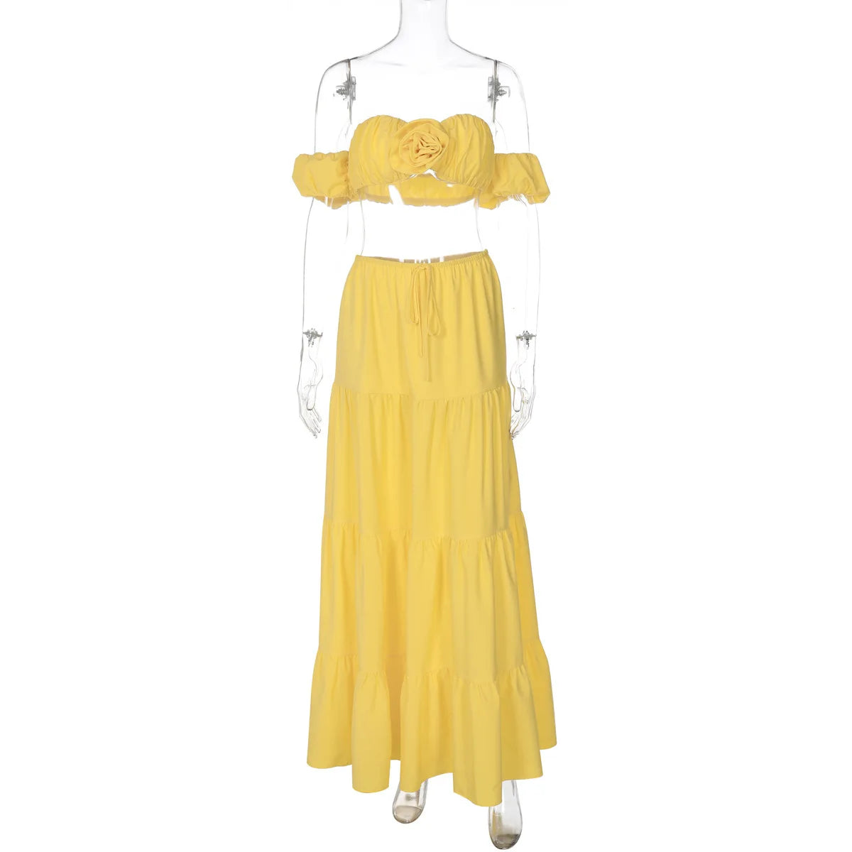 Flower Puff Sleeve Ruffles Crop Top And Maxi Skirt Set