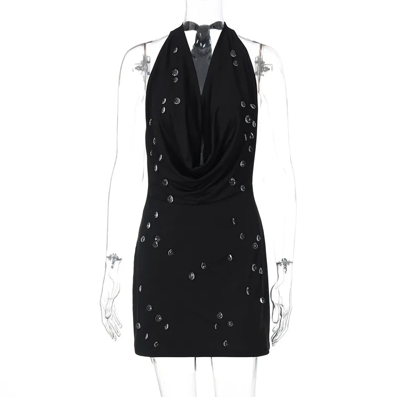 Cowl Neck Halter Water Drop Bead Mini Dress