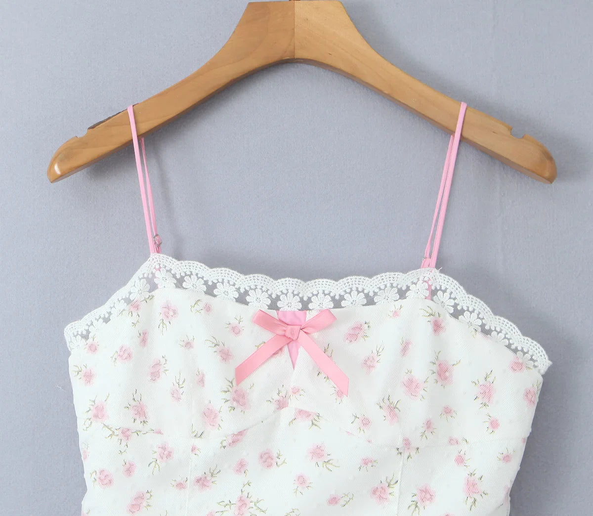 White With Pink Flower Mesh Bow Strappy Mini Dress