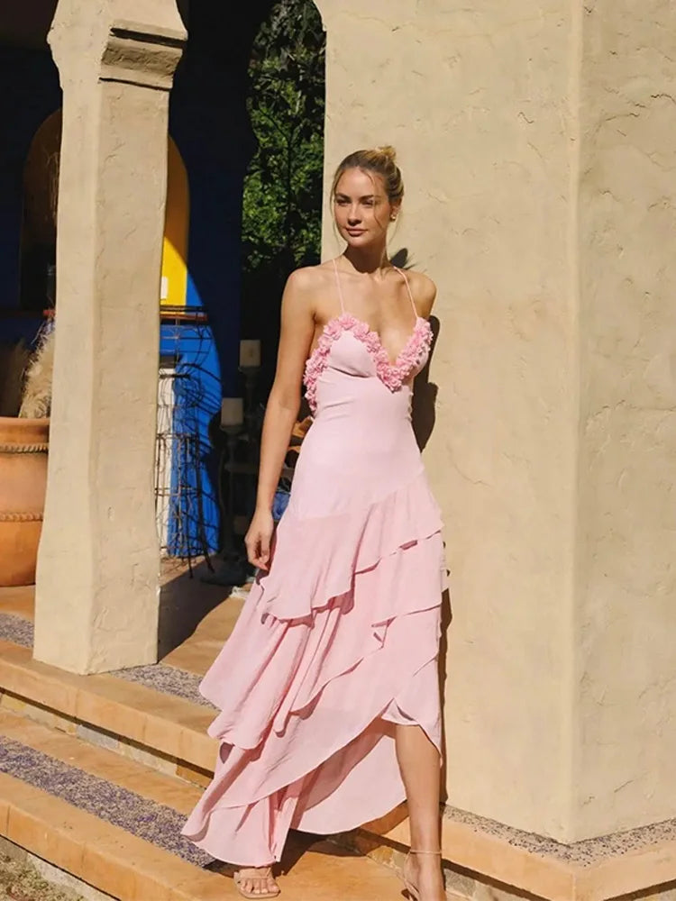 Pink 3d Floral Ruffles Maxi Dress