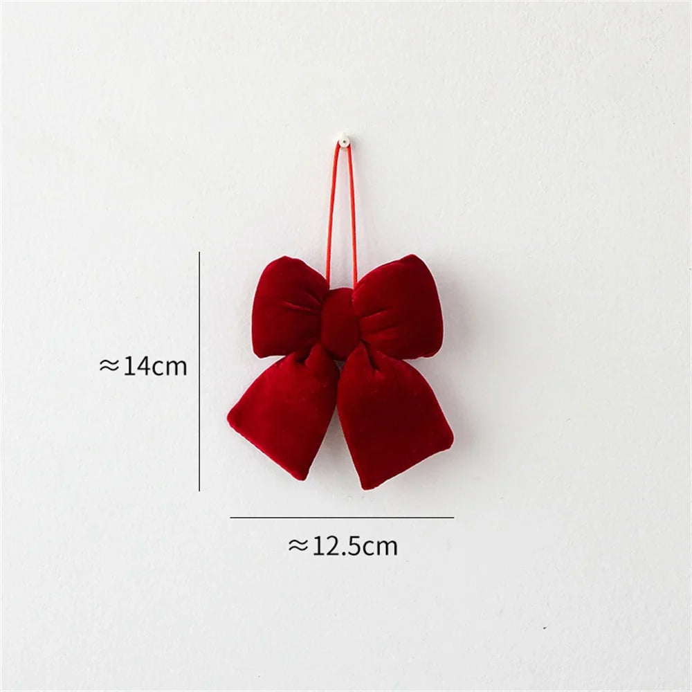 Christmas Bow Decoration Velvet Red Bow Knot Baubles Hanging Ornaments DIY Xmas Trees Pendant For Holiday Home Party Decorations