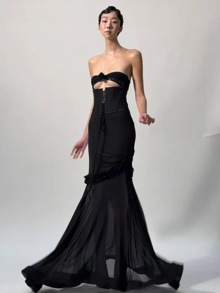Strapless Cut Out Mesh Corset Ruffles Maxi Dress