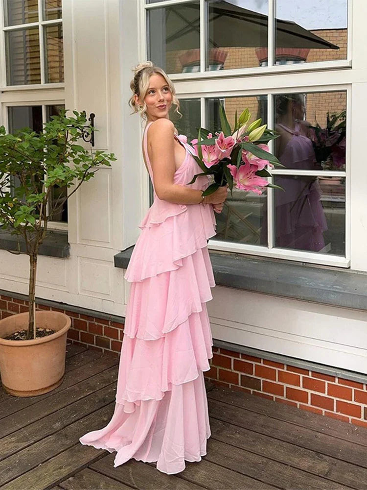 Pink Pleated Halter Maxi Dress