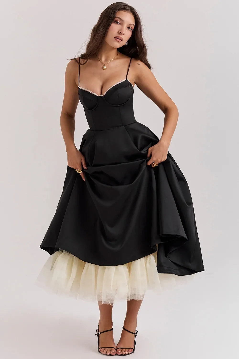 Satin Bustier Strap Tulle Midi Dress