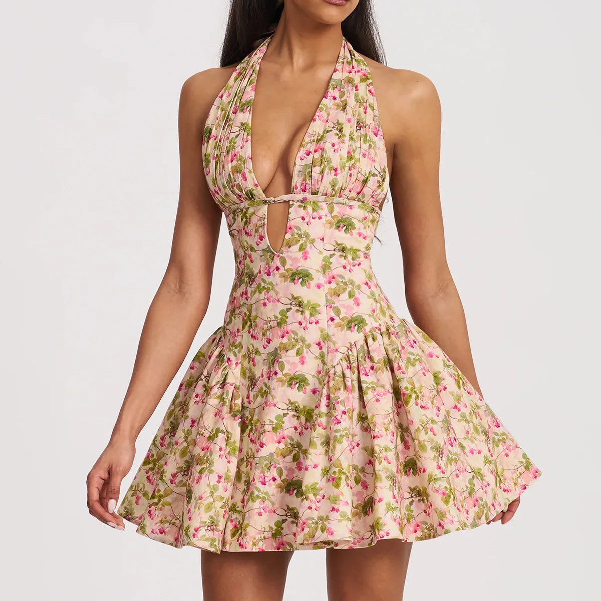 Floral Deep Halter Neck Mini Dress