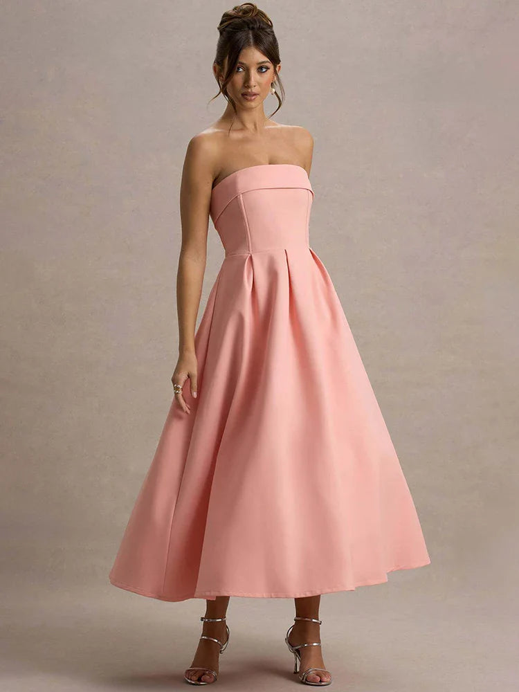 Strapless Solid Midi Dress