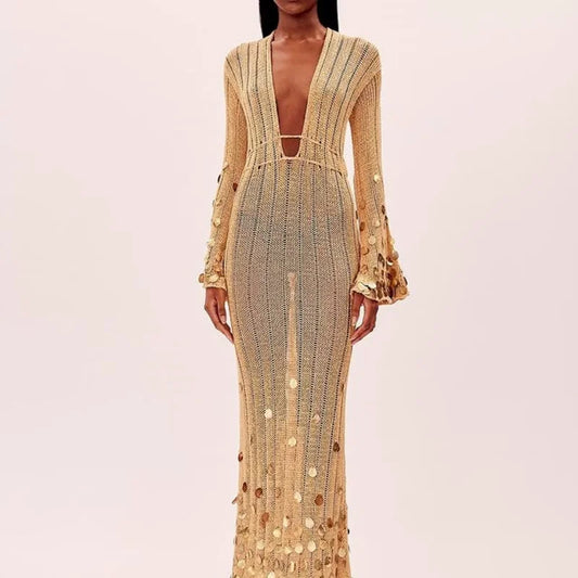 Beige Deep Neck Sequin Knitted Maxi Dress 
