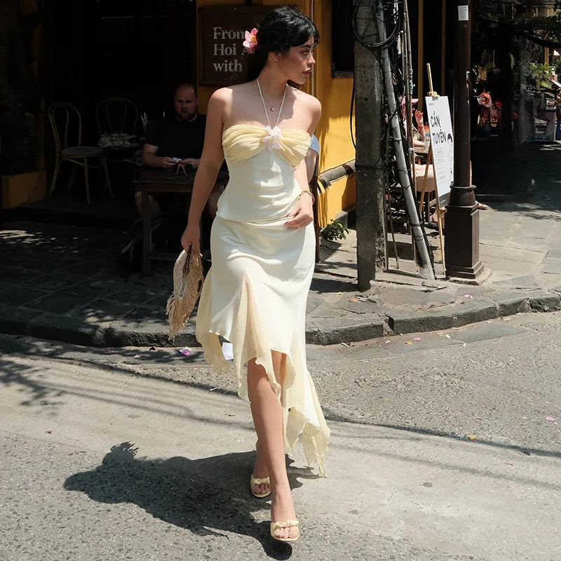 Beige Floral Frill Halter Midi Dress