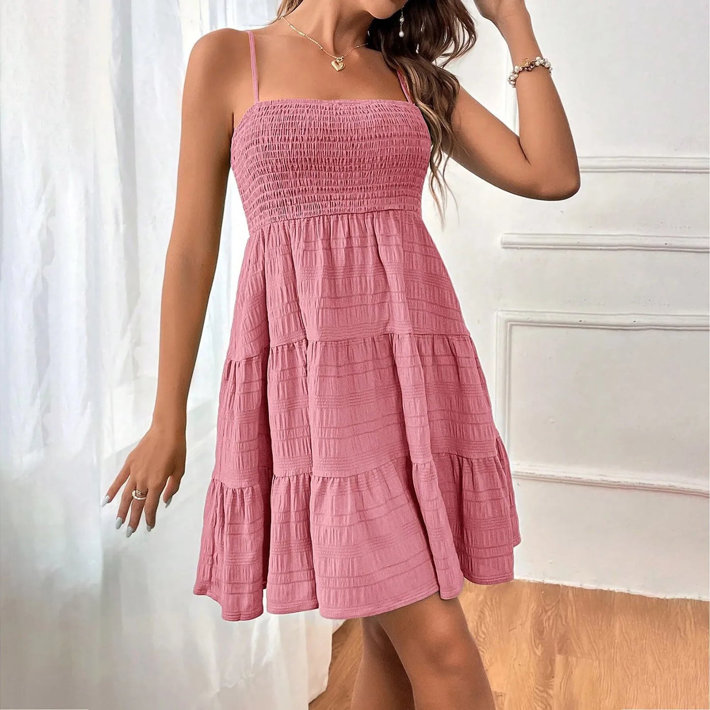 Ruched Spaghetti Strap Summer Mini Dress