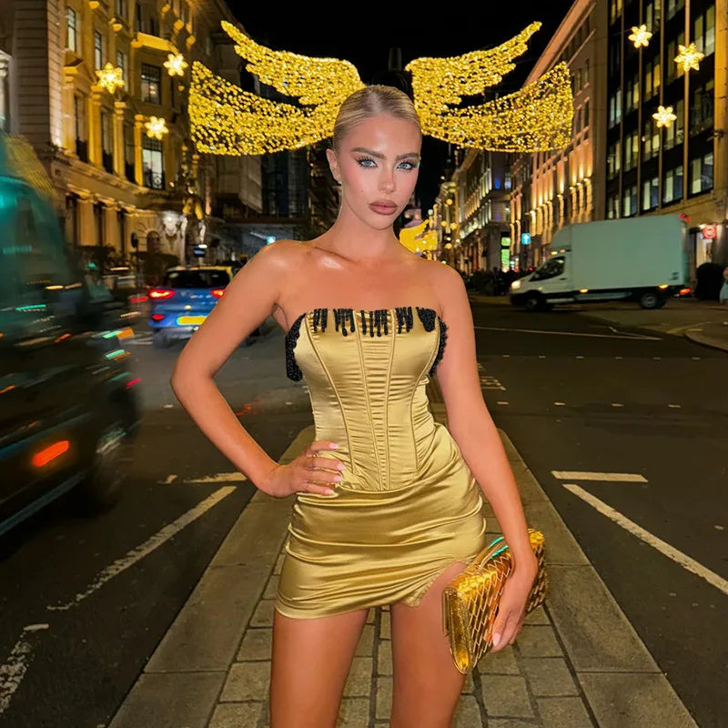 Satin Beading Tassel Corset Mini Dress