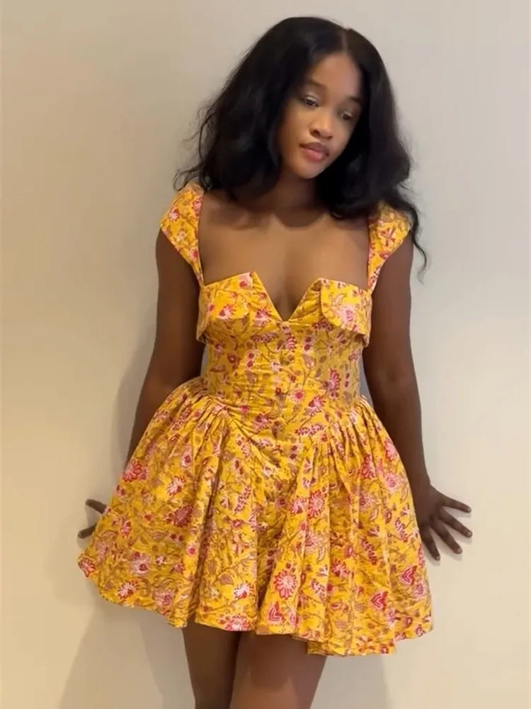 Floral Printed A-Line Low Cut Mini Dress