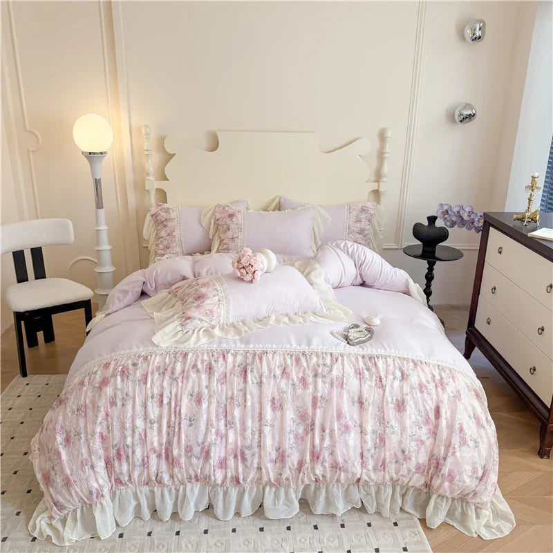 Princess Style Duvet Cover Sets with Lace Embroidery Bed Cover for Girls  Queen/King Size 이불커버 Soft Pink Bedding with Ruffles